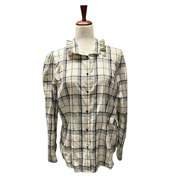 Lauren Ralph Lauren Women's Blouse Size Large Beige Plaid Ruffled Collar Preppy - Picture 1 of 8